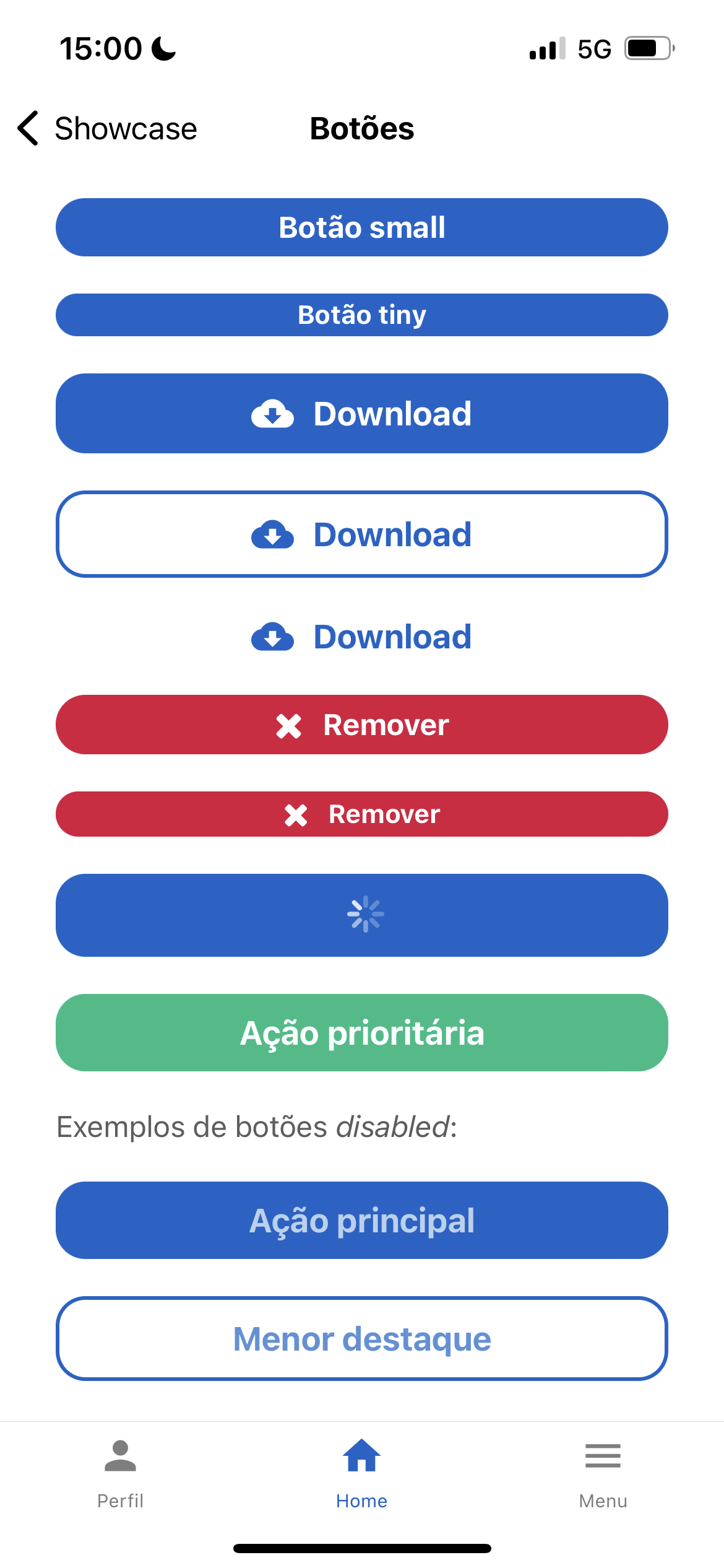 Buttons - various styles, sizes, icons, loading states, and disabled variants