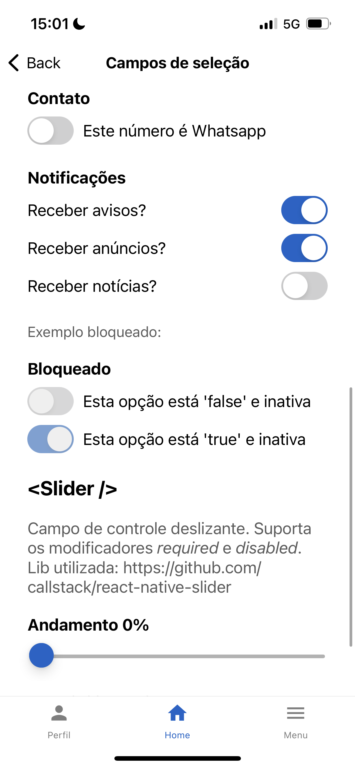 Selection fields - toggles, switches, sliders, and disabled states