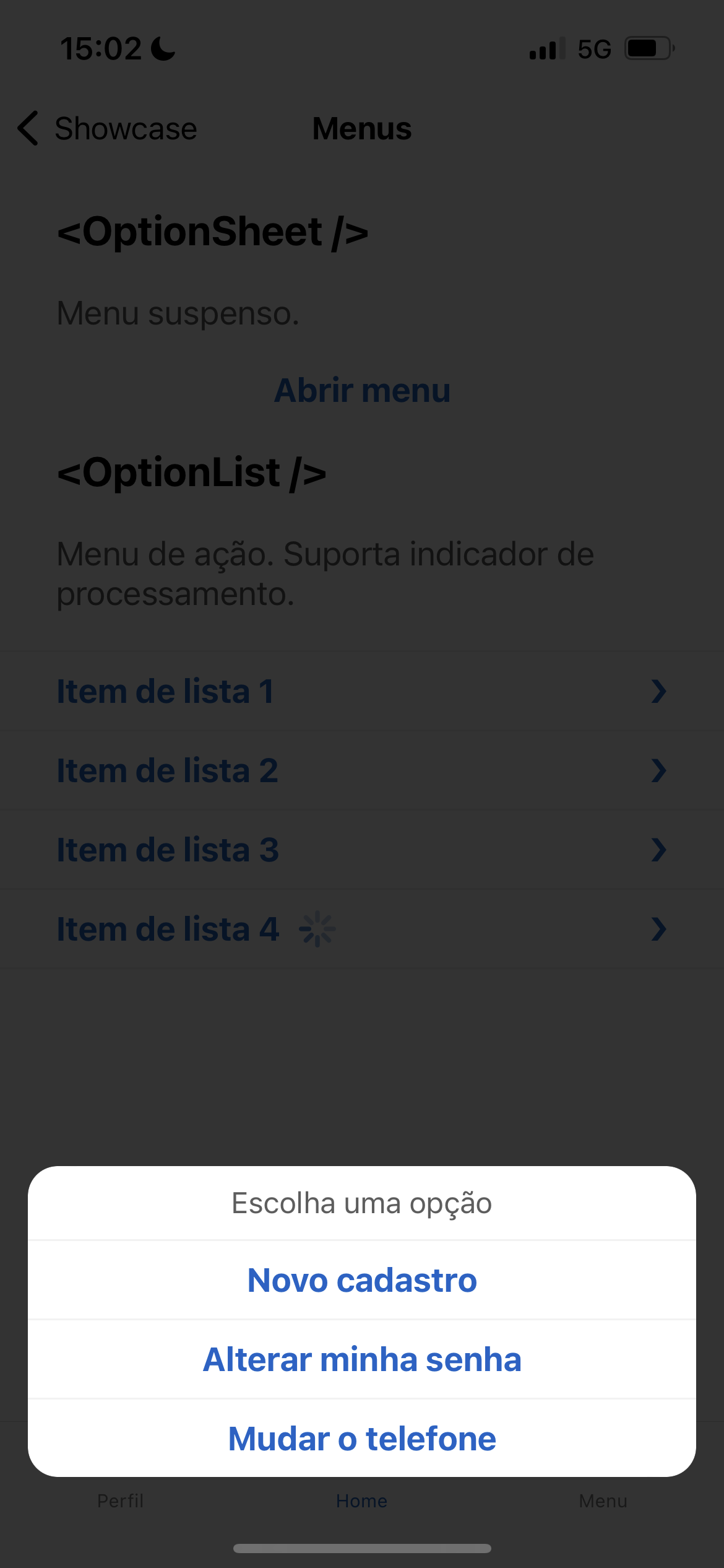Menus - option sheets, action lists with processing indicators